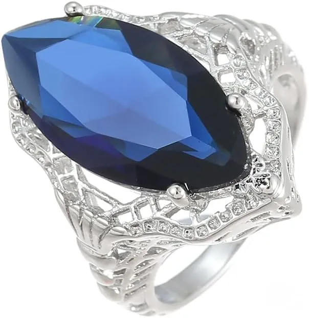 Platinum Plated Crystal Rings for Women,Solid 925 Sterling Silver Ring Aquamarine Ring Women's Statement Big Cubic Zirconia Birthstone Cocktail Wedding Band Engagement Jewelry(8#)