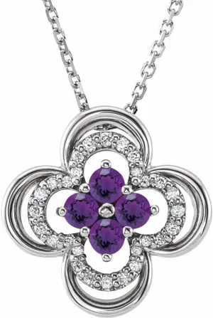 Platinum Round Shape Amethyst and 1/10 cttw Diamond Clover Necklace Fine Jewelry for Women Gifts for Her (12.5x12.5mm, G-H, SI2-SI3), 18"