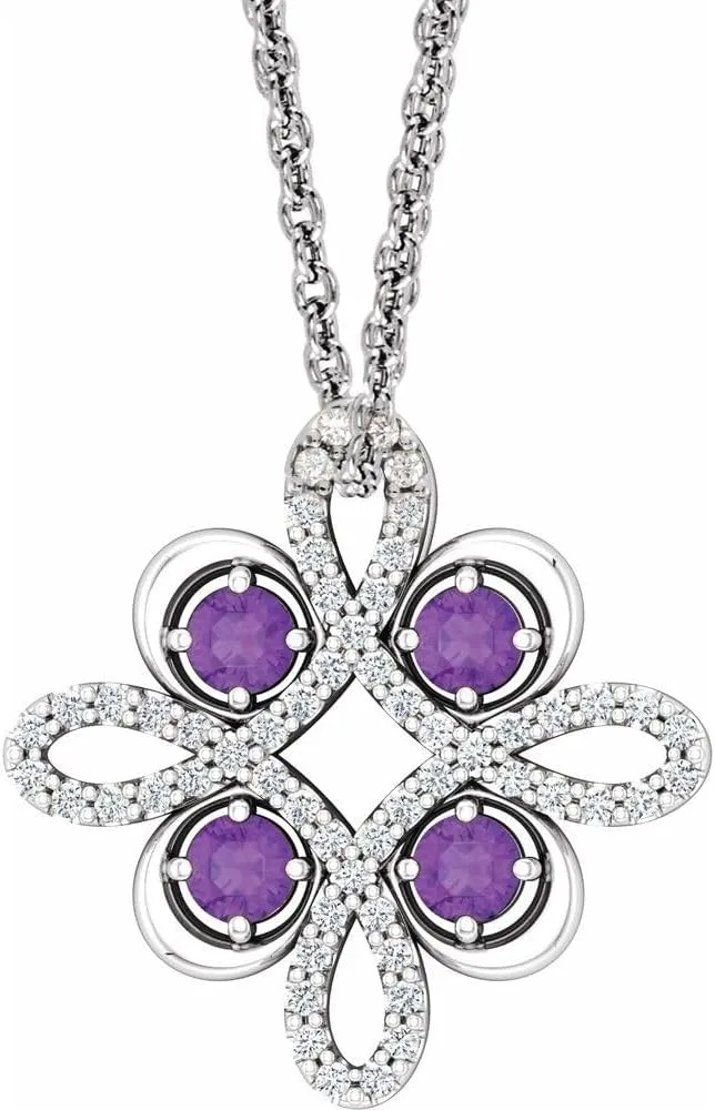 Platinum Round Shape Amethyst and 1/6 cttw Diamond Clover Necklace Fine Jewelry for Women Gifts for Her (15.5x15.5mm), 16-18"