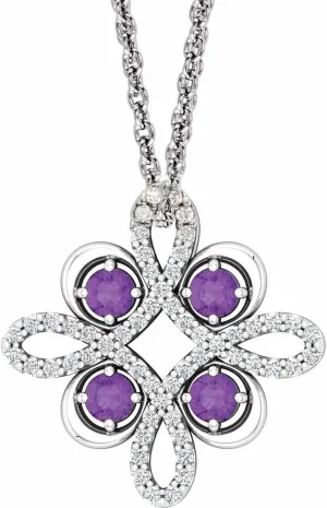 Platinum Round Shape Amethyst and 1/6 cttw Diamond Clover Necklace Fine Jewelry for Women Gifts for Her (15.5x15.5mm), 16-18"