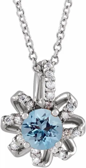 Platinum Round Shape Aquamarine and .07 cttw Diamond Halo-Style Necklace Fine Jewelry for Women Gifts for Her (13.6x10.5mm, G-H, SI2-SI3), 16-18"