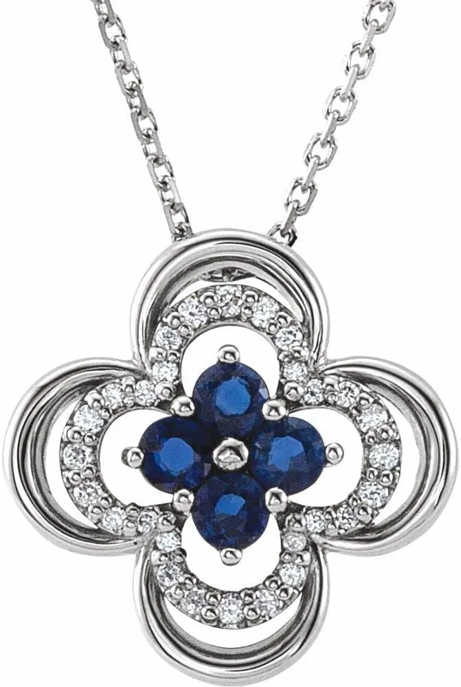 Platinum Round Shape Blue Sapphire and 1/10 cttw Diamond Clover Halo-Style Necklace Fine Jewelry for Women Gifts for Her (12.5x12.5mm, G-H, SI2-SI3), 18"