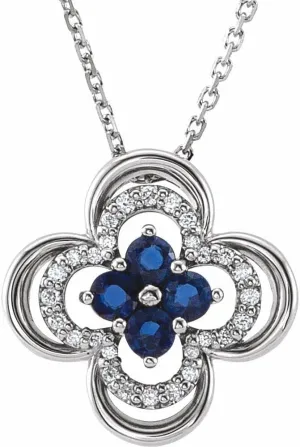 Platinum Round Shape Blue Sapphire and 1/10 cttw Diamond Clover Halo-Style Necklace Fine Jewelry for Women Gifts for Her (12.5x12.5mm, G-H, SI2-SI3), 18"