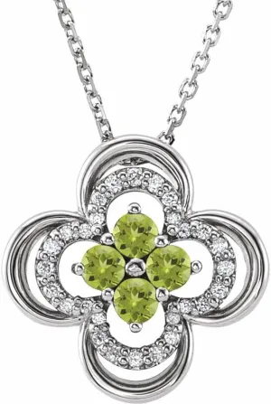 Platinum Round Shape Peridot and 1/10 cttw Diamond Clover Necklace Fine Jewelry for Women Gifts for Her (12.5x12.5mm, G-H, SI2-SI3), 18"
