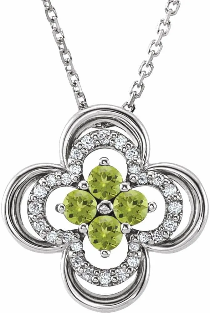 Platinum Round Shape Peridot and 1/10 cttw Diamond Clover Necklace Fine Jewelry for Women Gifts for Her (12.5x12.5mm, G-H, SI2-SI3), 18"