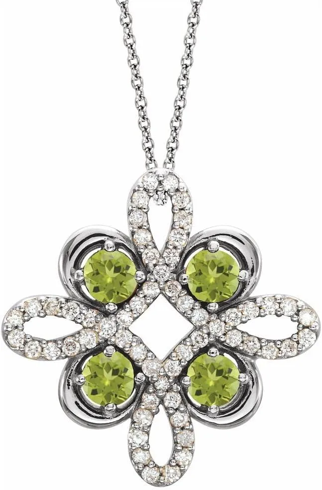 Platinum Round Shape Peridot and 1/6 cttw Diamond Clover Necklace Fine Jewelry for Women Gifts for Her (15.5x15.5mm), 16-18"