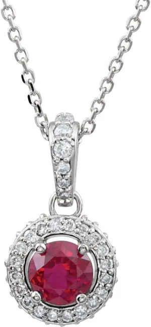 Platinum Round Shape Ruby and 1/5 cttw Diamond Halo-Style Necklace Fine Jewelry for Women Gifts for Her (15.2x8.1mm, G-H, I1), 18"