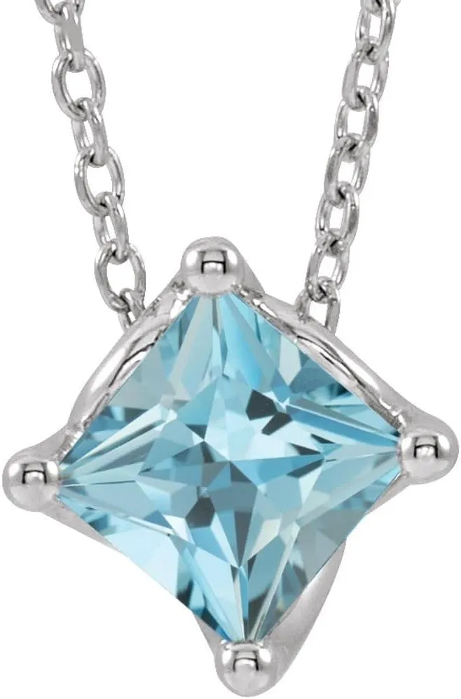 Platinum Square Shape Aquamarine Solitaire Necklace Fine Jewelry for Women Gifts for Her (8.1x8.1mm), 16-18"