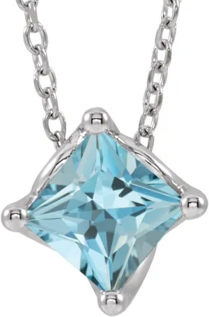 Platinum Square Shape Aquamarine Solitaire Necklace Fine Jewelry for Women Gifts for Her (8.1x8.1mm), 16-18"