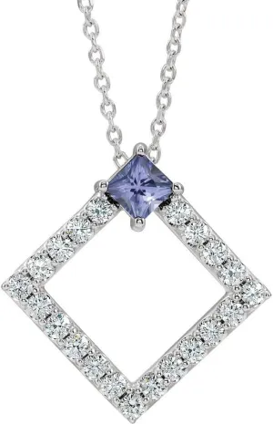 Platinum Square Shape Tanzanite and 3/8 cttw Diamond Necklace Fine Jewelry for Women Gifts for Her (G-H, SI2-SI3, 19.62mm), 16-18"