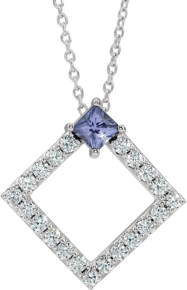 Platinum Square Shape Tanzanite and 3/8 cttw Diamond Necklace Fine Jewelry for Women Gifts for Her (G-H, SI2-SI3, 19.62mm), 16-18"