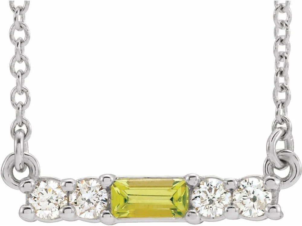 Platinum Straight Baguette Shape Peridot and 1/5 cttw Diamond Bar Necklace Fine Jewelry for Women Gifts for Her (G-H, SI2-SI3, 15.8x3.8mm), 18"
