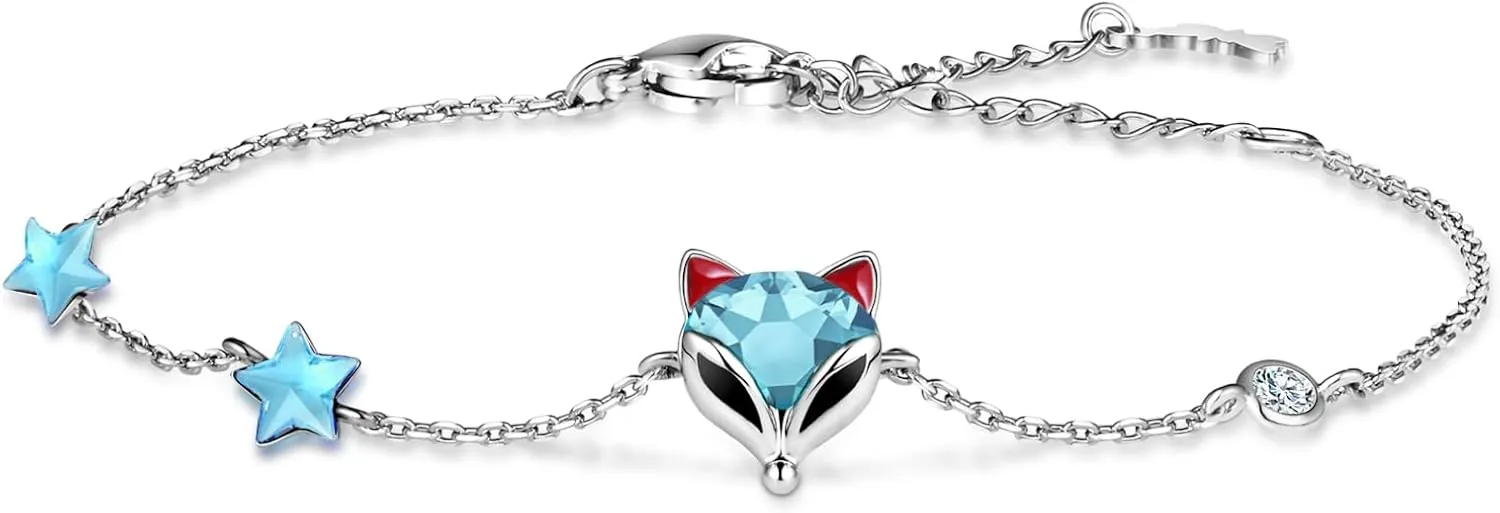 PLATO H Fox Crystal and Star Charm Bracelet for Women - Delicate Fine Chain, Animal Jewelry with Gift Box, for Birthdays, Anniversaries, Valentine's Day