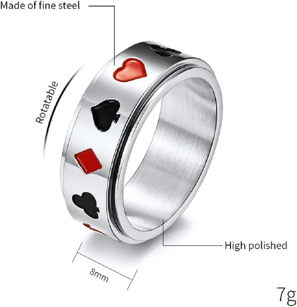 Poker Cards Band Ring, Lucky Spade Poker Spinner Ring for Men, Hip Hop Black Spade Ace Ring Silver Playing Cards Jewelry, Punk Ace of Spades Ring Vintage Playing Cards Ring for mens