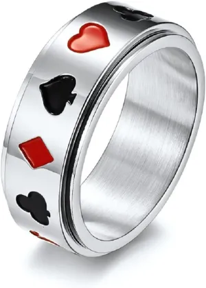 Poker Cards Band Ring, Lucky Spade Poker Spinner Ring for Men, Hip Hop Black Spade Ace Ring Silver Playing Cards Jewelry, Punk Ace of Spades Ring Vintage Playing Cards Ring for mens