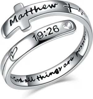 POPLYKE Cross Rings Sterling Silver Faith Adjustable Wrap Rings for Women Teens Inspirational Jewelry Gifts