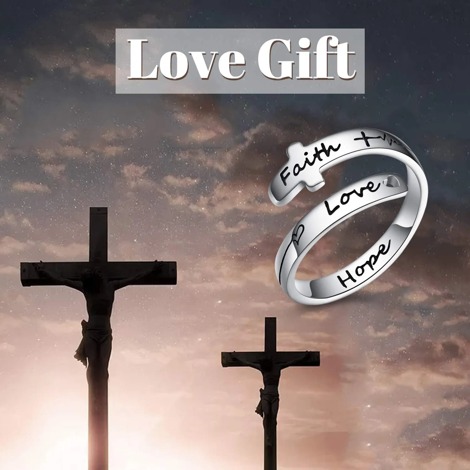 POPLYKE Cross Rings Sterling Silver Faith Adjustable Wrap Rings for Women Teens Inspirational Jewelry Gifts