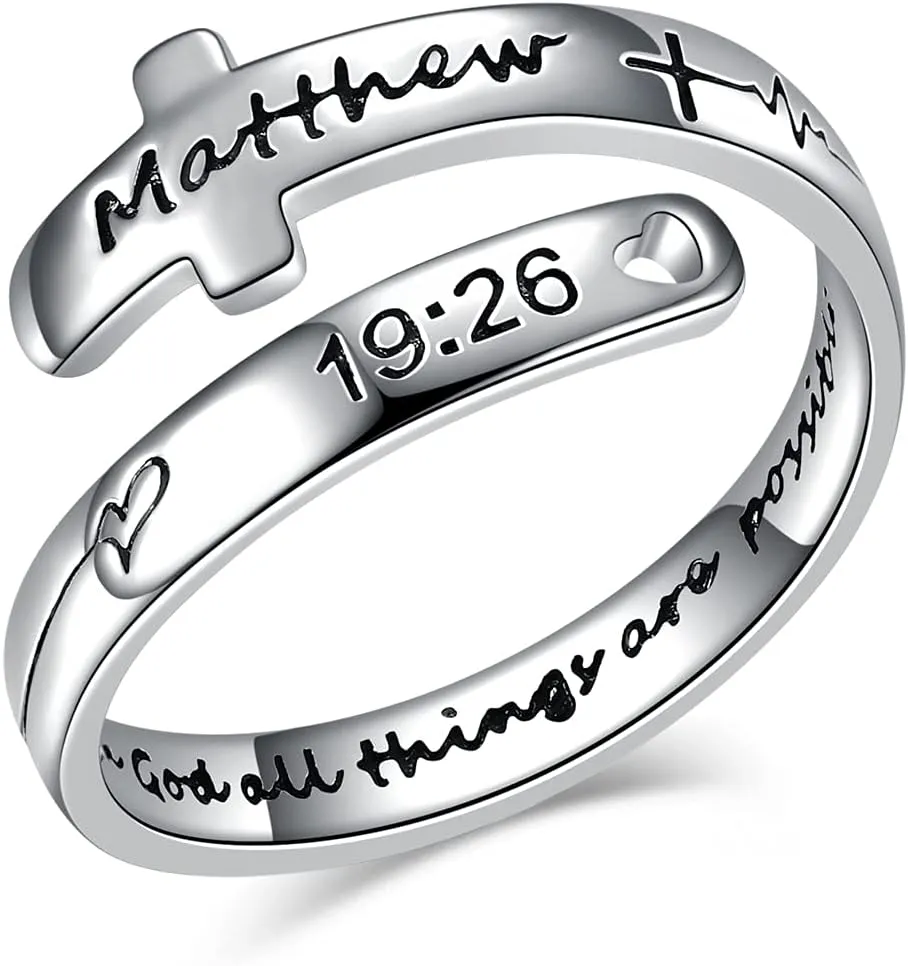 POPLYKE Cross Rings Sterling Silver Faith Adjustable Wrap Rings for Women Teens Inspirational Jewelry Gifts