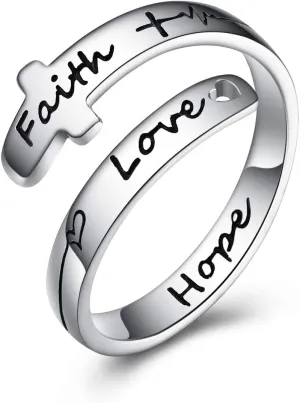 POPLYKE Cross Rings Sterling Silver Faith Adjustable Wrap Rings for Women Teens Inspirational Jewelry Gifts