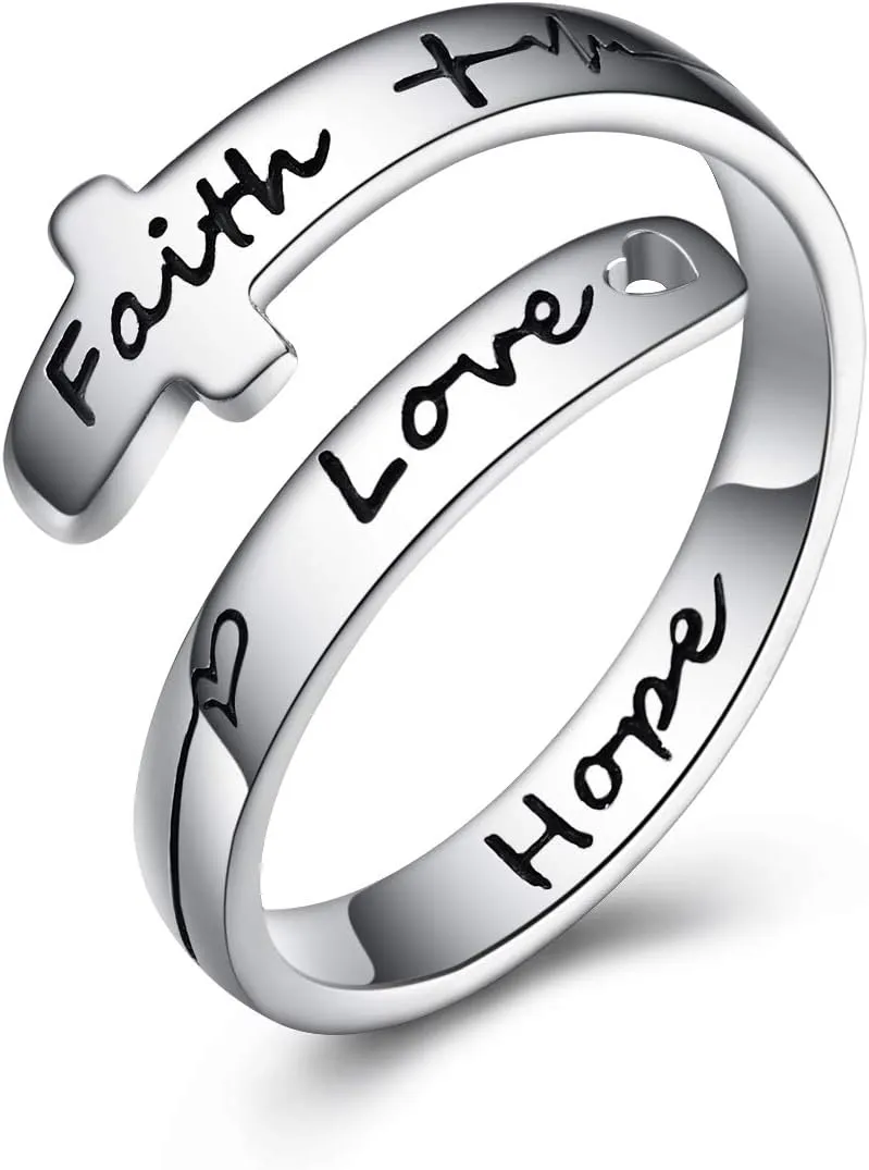 POPLYKE Cross Rings Sterling Silver Faith Adjustable Wrap Rings for Women Teens Inspirational Jewelry Gifts
