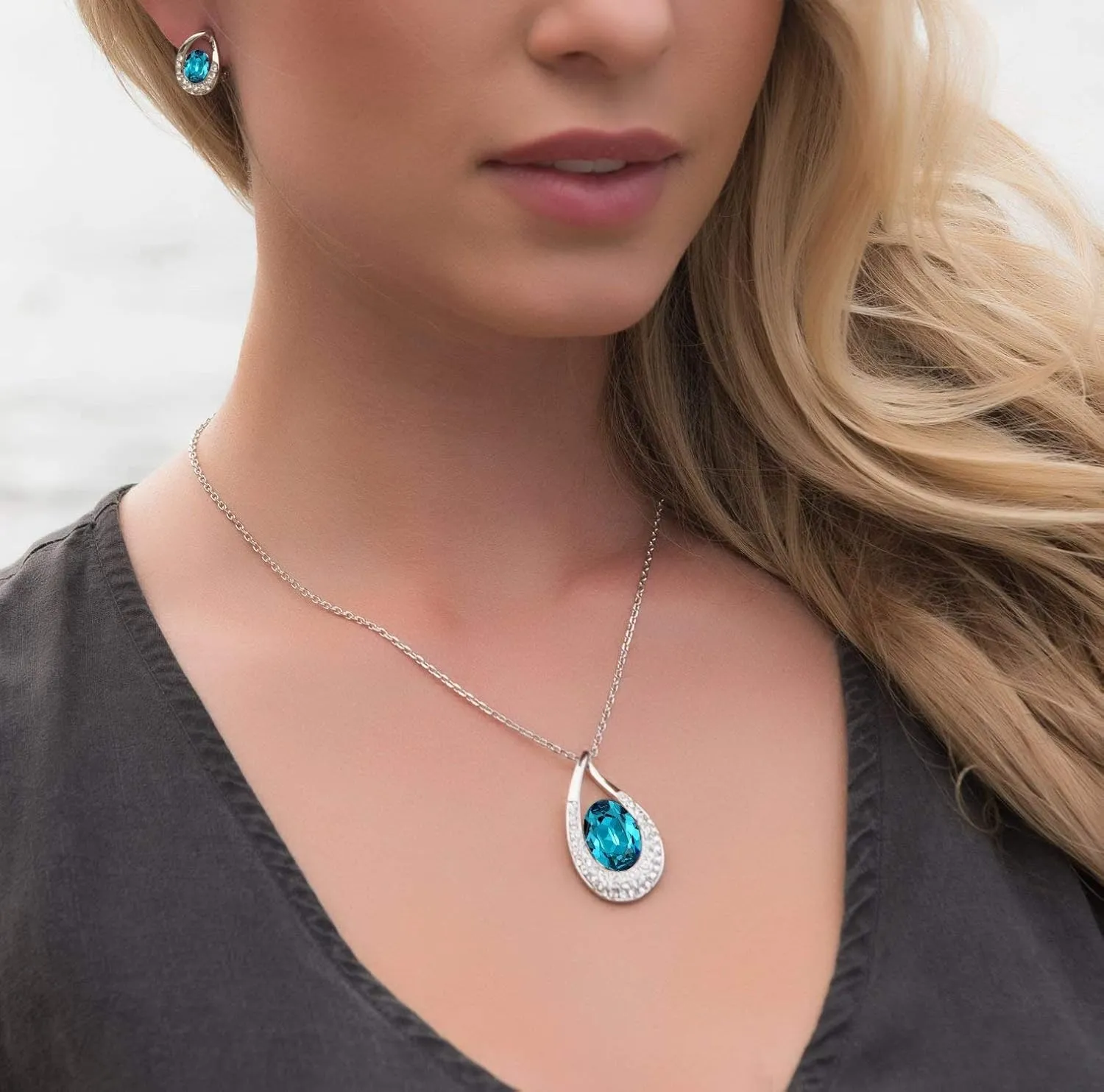 [Presented by Miss New York] Leafael "Angel's Teardrop" Made with Premium Crystals Blue Zircon Jewelry Set Earrings Necklace, 18"  2", Nickel/Lead/Allergy Free, Luxury Gift Box