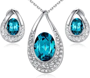 [Presented by Miss New York] Leafael "Angel's Teardrop" Made with Premium Crystals Blue Zircon Jewelry Set Earrings Necklace, 18"  2", Nickel/Lead/Allergy Free, Luxury Gift Box