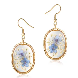 Pressed Flower Earrings,Handmade Forget-Me-Not and Queen Anne's Lace Wildflower Earrings,Unique Resin Dried Flower Earrings,Perfect for Parties or Gifting (Rose Gold)