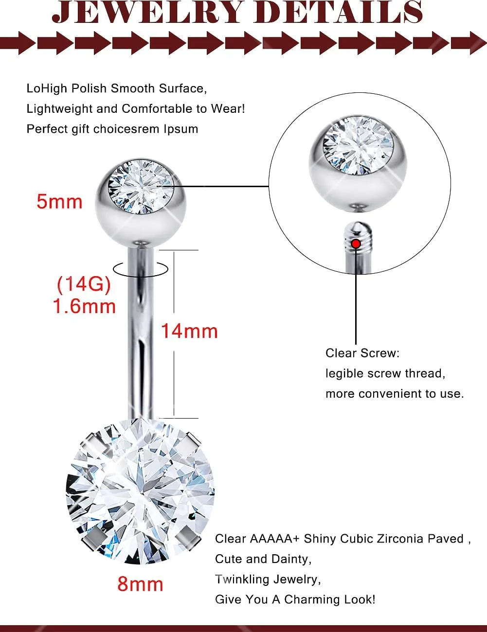Prjndjw 14G Belly Button Ring 6mm-14mm Surgical Steel Belly Rings for Women Men Belly Piercing Jewelry Extra Long Belly Button Rings Cute CZ Navel Ring External/Internal Thread Belly Button Rings