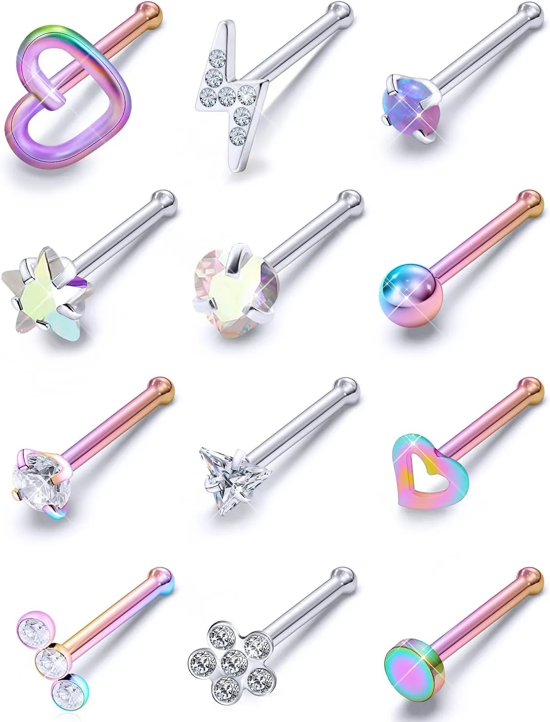 Prjndjw 20GNose Rings Studs Surgical Steel Nose Stud Hypoallergenic Cute CZ Small Heart Star L Shape 20 Gauge Silver Flower Opal Nose Piercing Jewelry