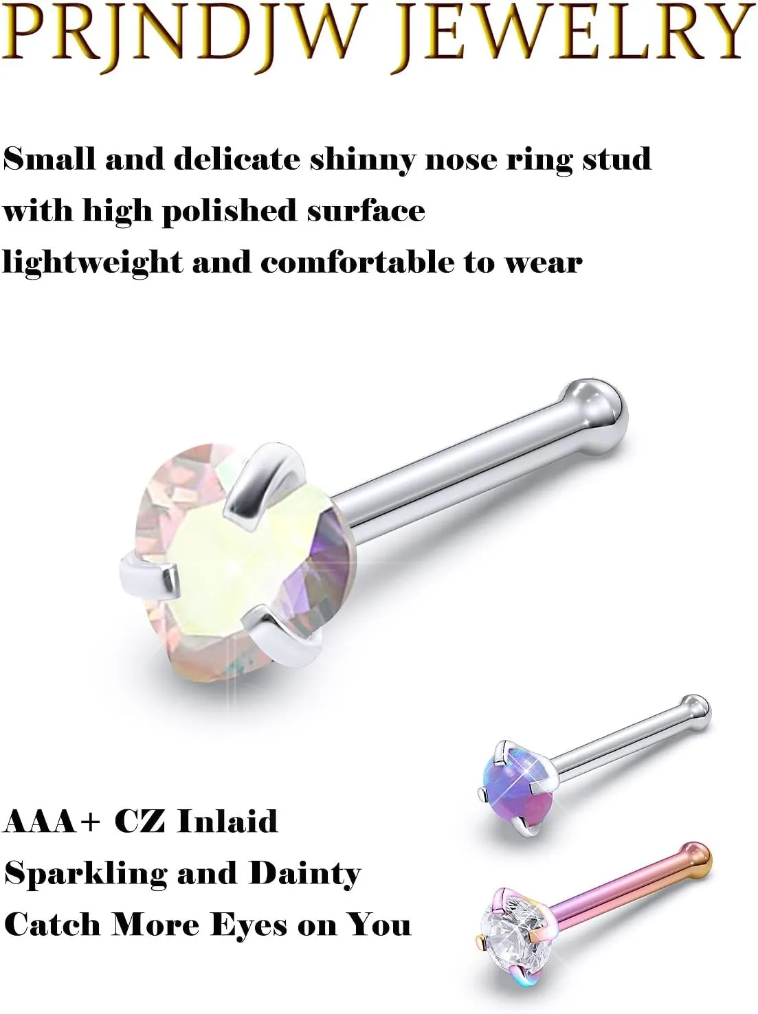 Prjndjw 20GNose Rings Studs Surgical Steel Nose Stud Hypoallergenic Cute CZ Small Heart Star L Shape 20 Gauge Silver Flower Opal Nose Piercing Jewelry