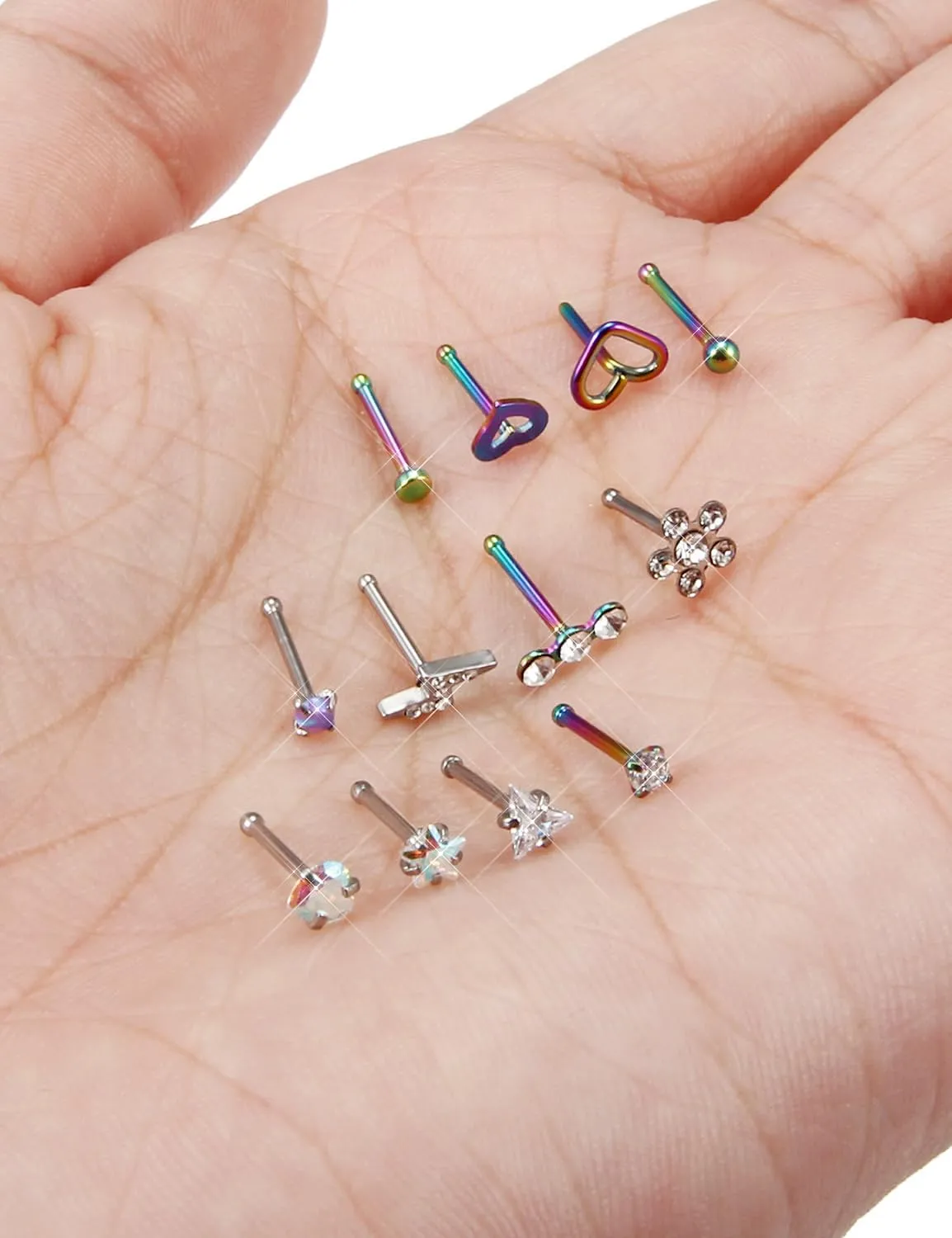 Prjndjw 20GNose Rings Studs Surgical Steel Nose Stud Hypoallergenic Cute CZ Small Heart Star L Shape 20 Gauge Silver Flower Opal Nose Piercing Jewelry