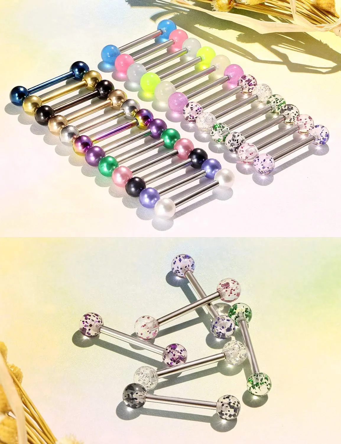 Prjndjw 24-48Pcs Nipple Rings Tongue Rings Surgical Steel Straight 14G Barbells Piercing Jewelry 12MM 14MM 16MM 19MM 22MM for Women Men Glow in The Dark Tongue nipple ring