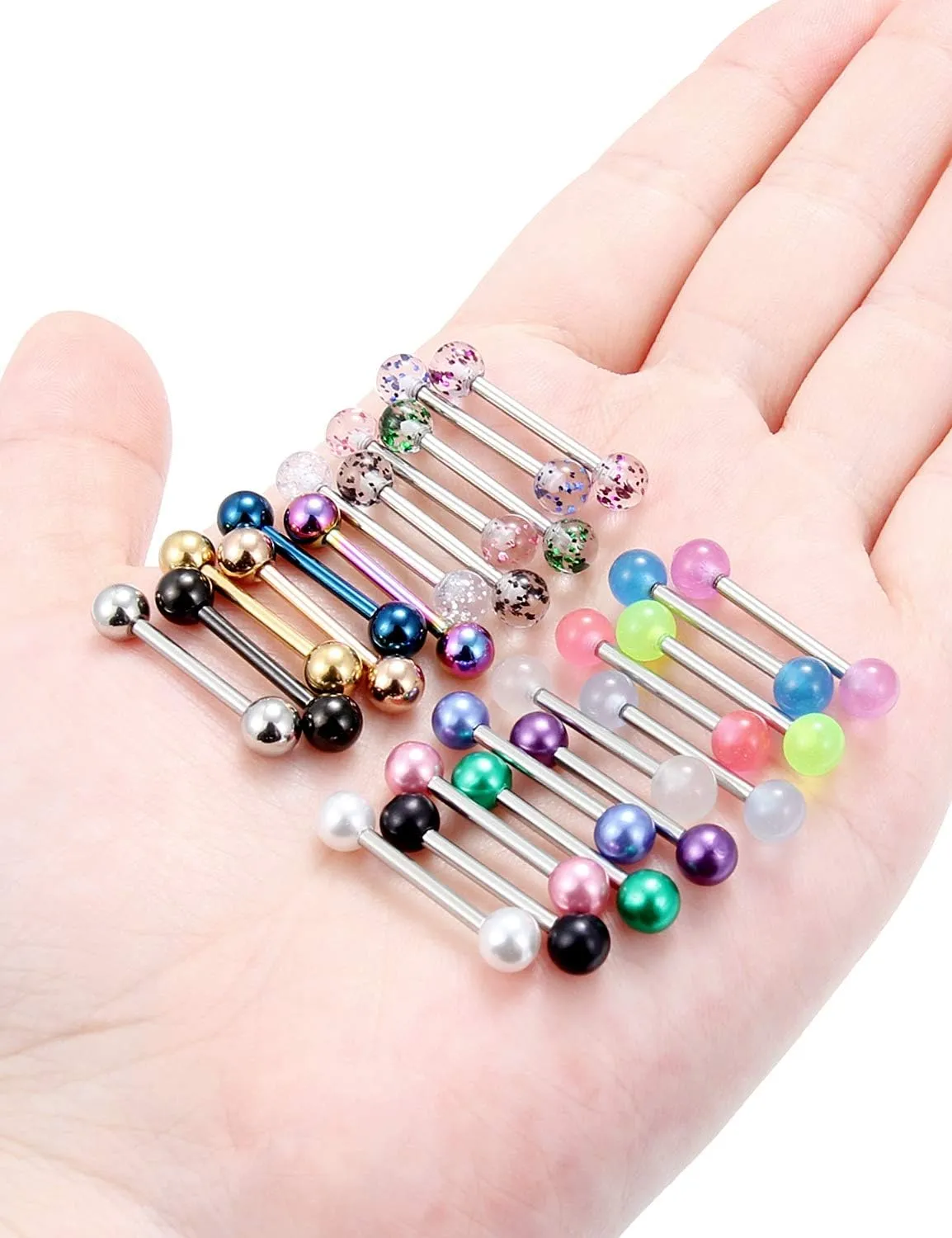 Prjndjw 24-48Pcs Nipple Rings Tongue Rings Surgical Steel Straight 14G Barbells Piercing Jewelry 12MM 14MM 16MM 19MM 22MM for Women Men Glow in The Dark Tongue nipple ring
