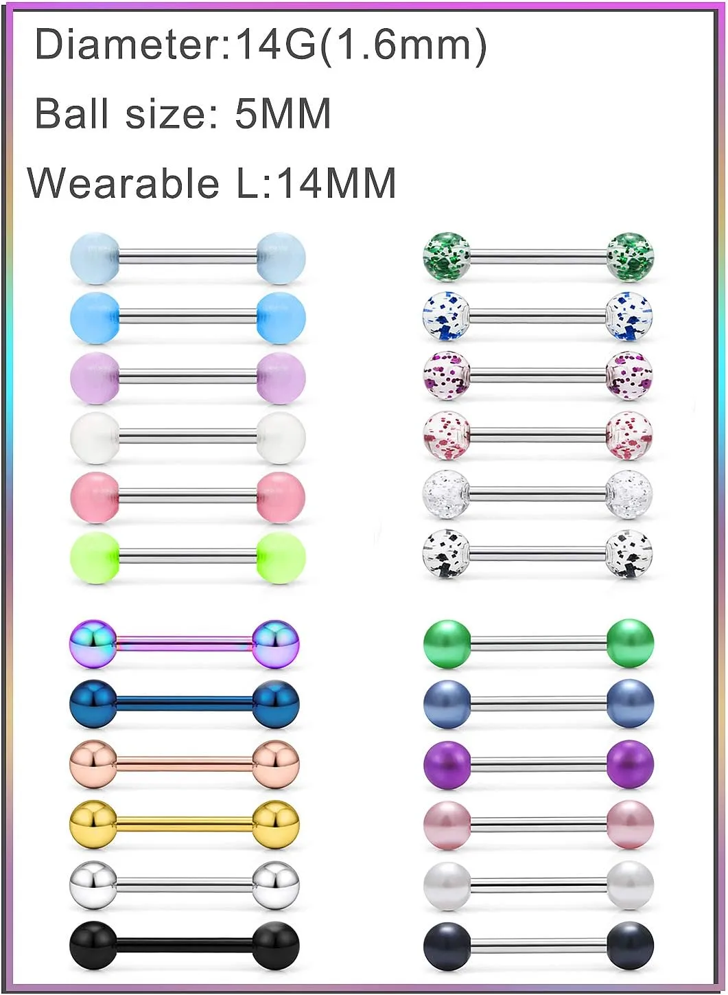 Prjndjw 24-48Pcs Nipple Rings Tongue Rings Surgical Steel Straight 14G Barbells Piercing Jewelry 12MM 14MM 16MM 19MM 22MM for Women Men Glow in The Dark Tongue nipple ring