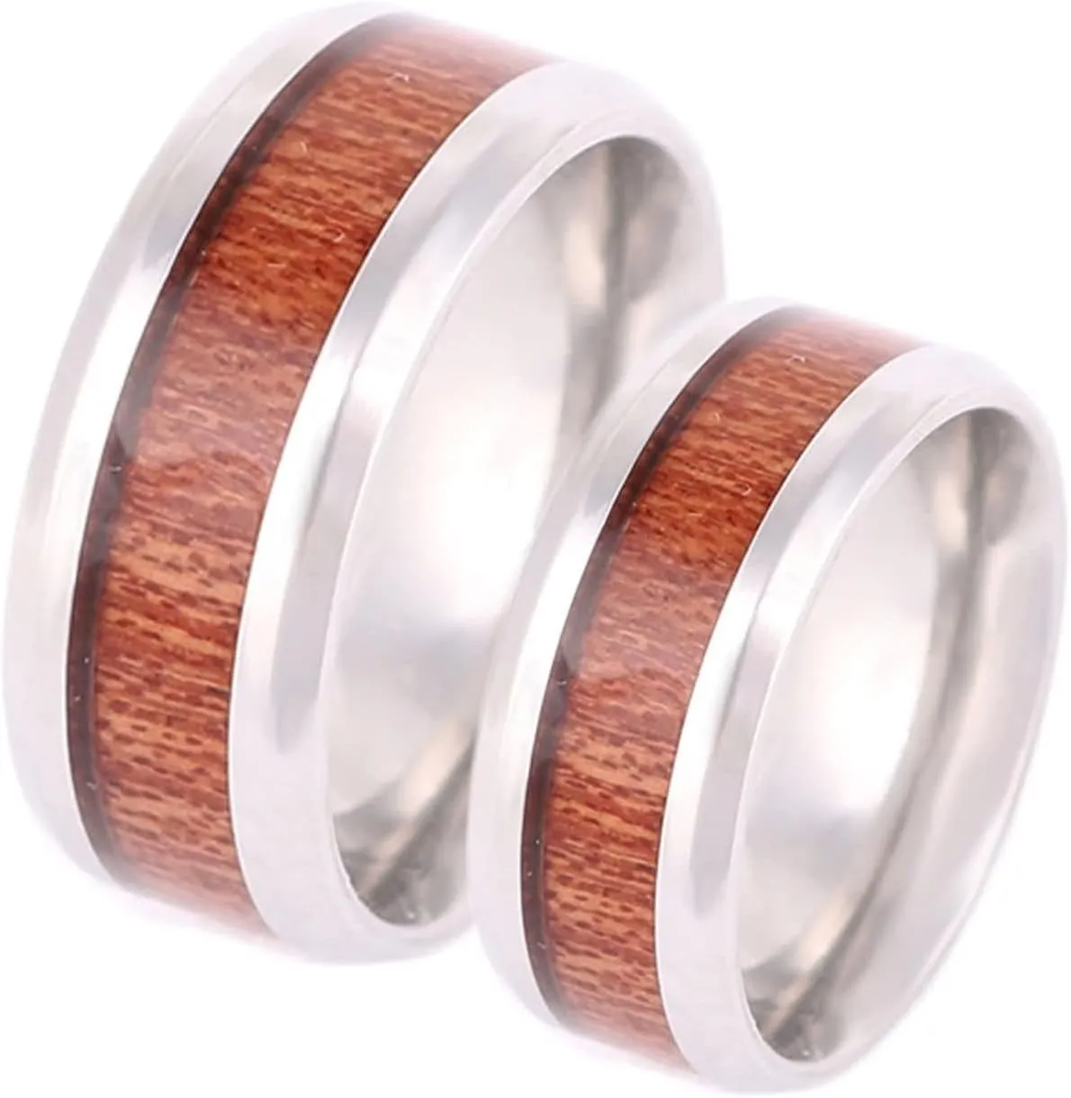 Promise Rings Custom Engraved Engagement Ring Couple,Couple Wedding Rings Stainless Steel 8MM Silver Brown Ring with Wood Grain Couple Promise Rings
