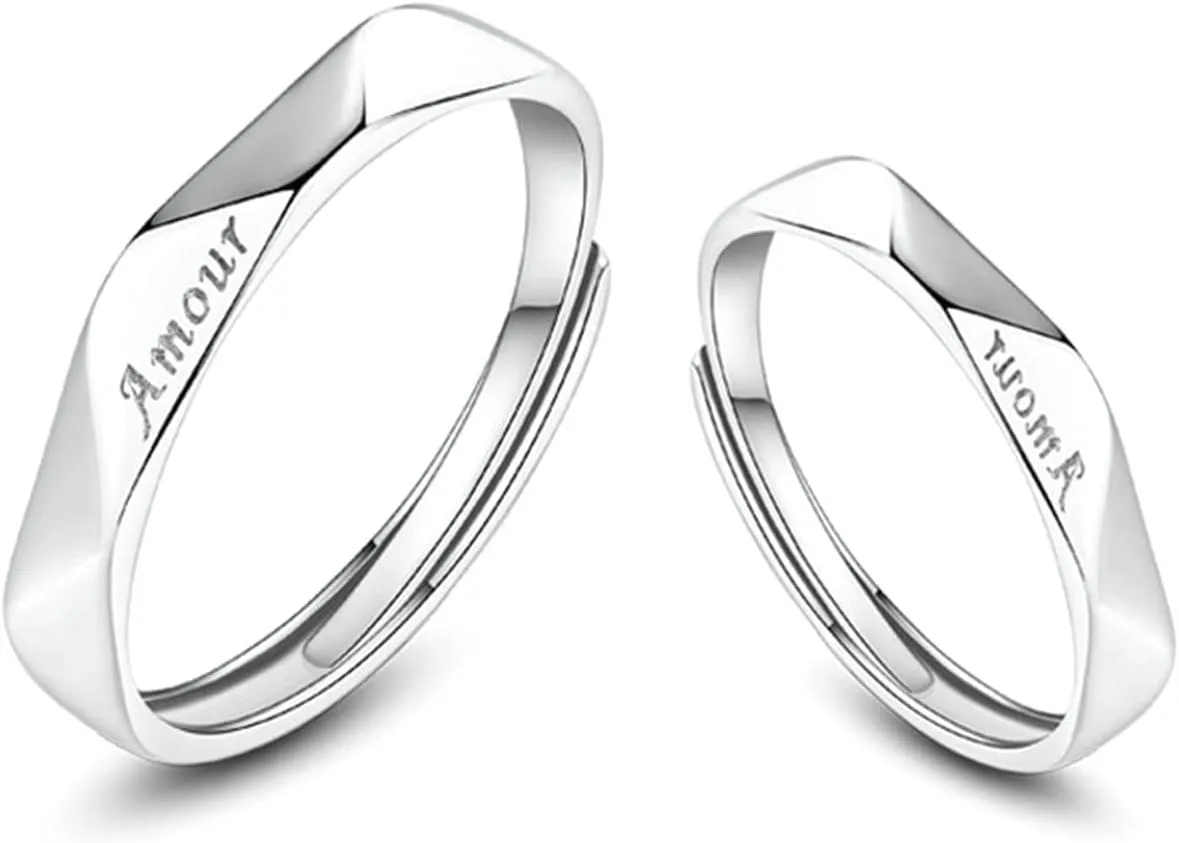 Promise Rings for Young Couple, Couple Rings Sterling Silver Amour Adjustable Wedding Rings for Couples