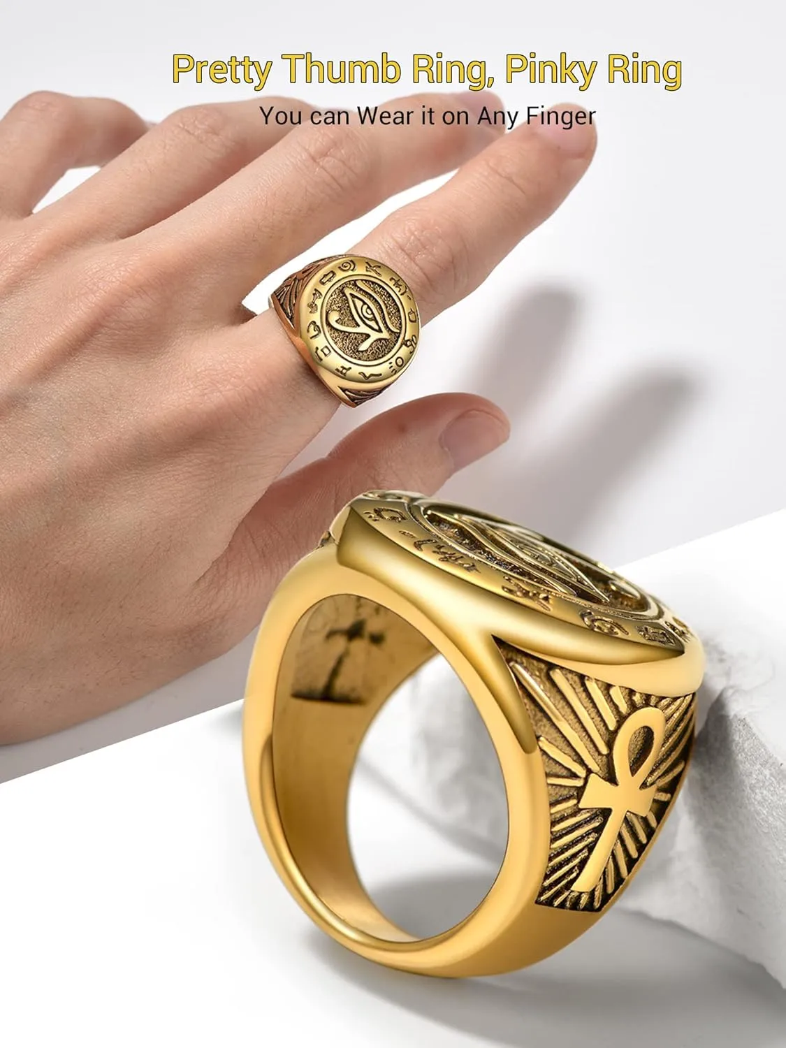 PROSTEEL Vintage Eye Of Horus Rings, Gold Plated/Black Stainless Steel Ankh Ring, Ancient Egyptians Symbol Amulet Protection Jewelry, #7-#14, Come with Box