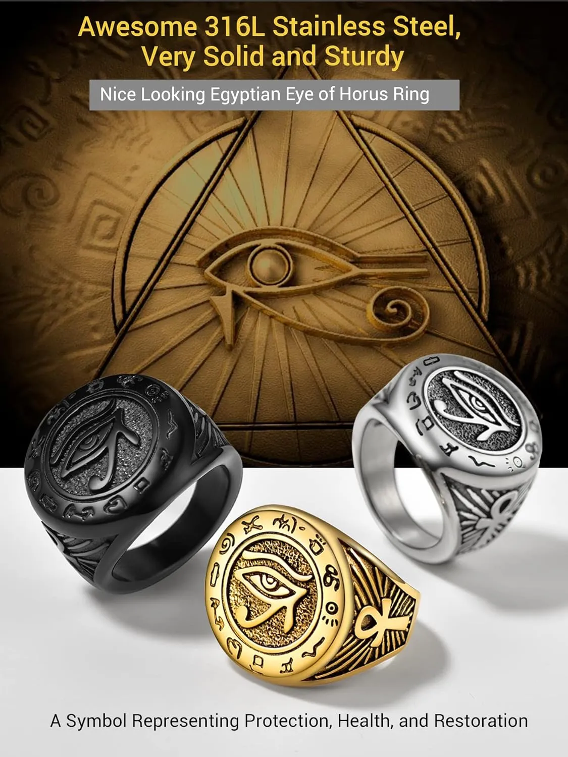 PROSTEEL Vintage Eye Of Horus Rings, Gold Plated/Black Stainless Steel Ankh Ring, Ancient Egyptians Symbol Amulet Protection Jewelry, #7-#14, Come with Box