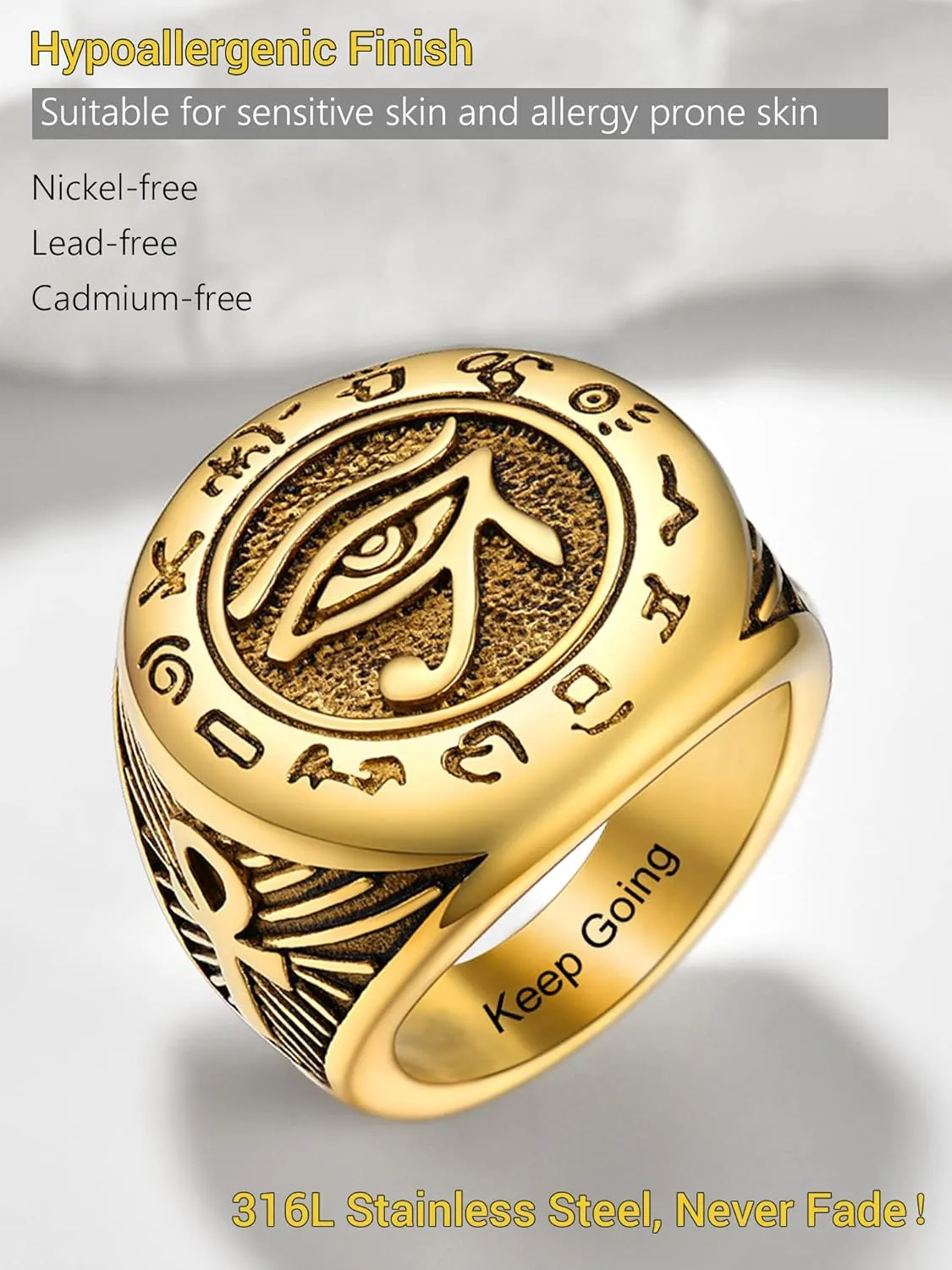 PROSTEEL Vintage Eye Of Horus Rings, Gold Plated/Black Stainless Steel Ankh Ring, Ancient Egyptians Symbol Amulet Protection Jewelry, #7-#14, Come with Box