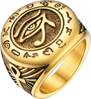 PROSTEEL Vintage Eye Of Horus Rings, Gold Plated/Black Stainless Steel Ankh Ring, Ancient Egyptians Symbol Amulet Protection Jewelry, #7-#14, Come with Box