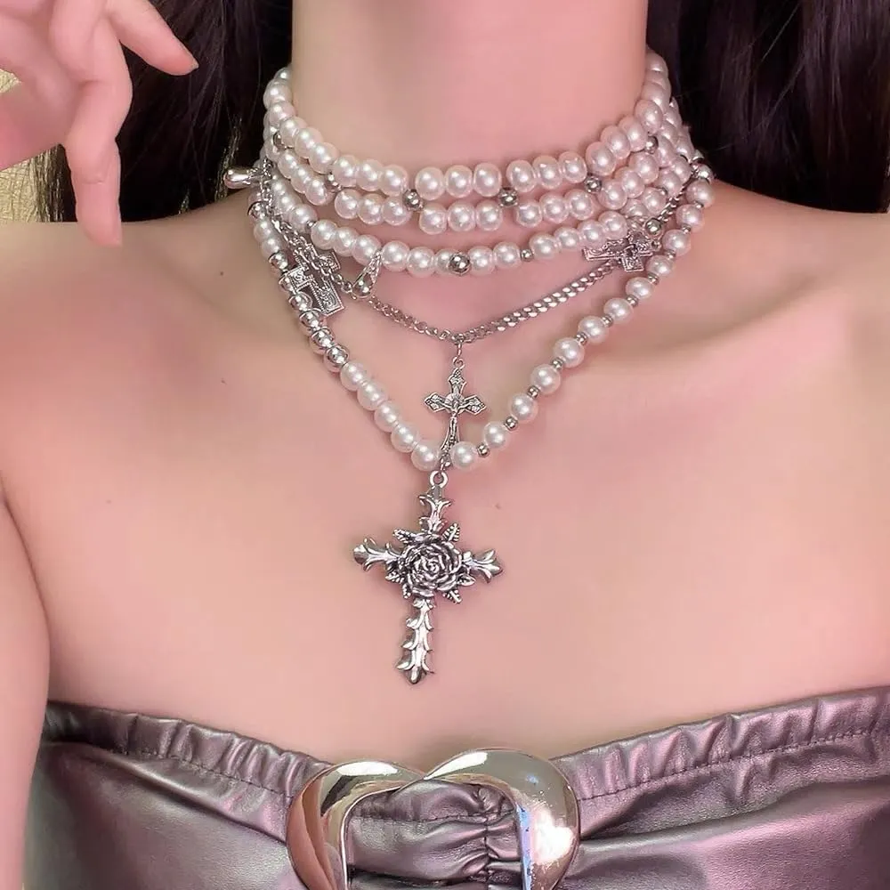 Punk Cross Pearl Strands Choker Necklace for Women Statement Gothic Chunky Layered Pearls Beaded Vintage Y2K Hip Hop Flower Faith Crucifix Pendant Tassel Cuban Chain Necklaces Party Wedding Jewelry