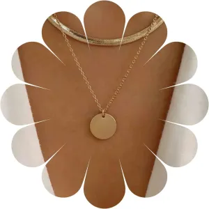 Punk Layered Herringbone Chain Necklace Gold Coin Disc Pendant Necklace Tiny Circle Choker Necklace Flat Snake Necklace Chain Jewelry for Women