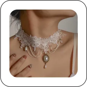 Punk White Lace Choker Necklace - Steampunk Pearl Chain With Tassel - Collar for Halloween - Jewelry for Women