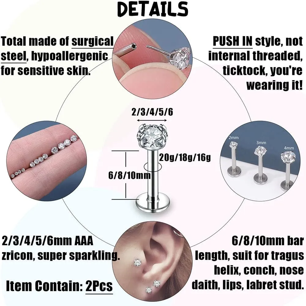PunkTracker 16g/18g/20g Threadless Piercing Jewelry for Tragus Nose Helix Conch Medusa Lip Labret - Surgical Steel Helix Earring Cartilage Tragus Earrings Stud Nose Studs for Women Men