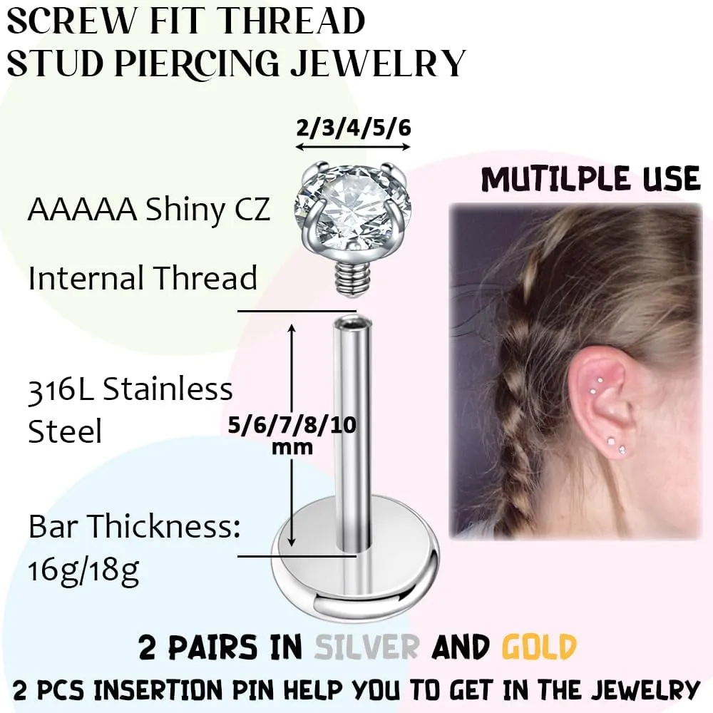 PunkTracker 6PCS 16g/18g Gold Silver Surgical Steel Internal Thread CZ Stud Piercing Jewelry for Tragus/Nose/Helix/Conch/Medusa/Lip/Labret - Helix Tragus Cartilage Earring for Women Men
