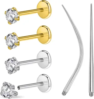 PunkTracker 6PCS 16g/18g Gold Silver Surgical Steel Internal Thread CZ Stud Piercing Jewelry for Tragus/Nose/Helix/Conch/Medusa/Lip/Labret - Helix Tragus Cartilage Earring for Women Men