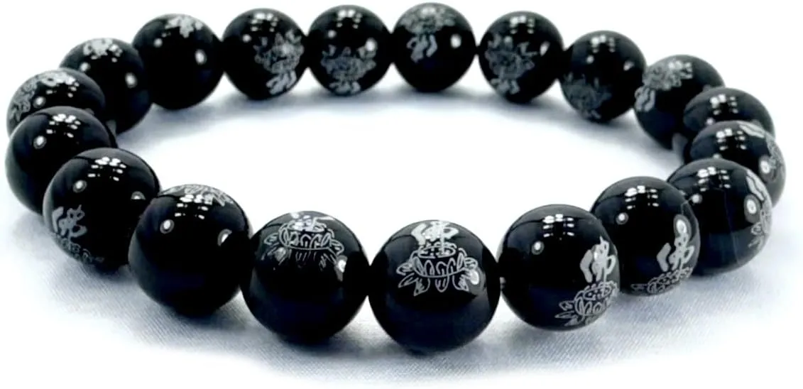 PURPLE WHALE Tibetan Buddhist Black Obsidian Bracelet, Lotus Engraved Beads, Protective Gemstone Stretch Band, Women, Men, Unisex, Meditation, Prayer,