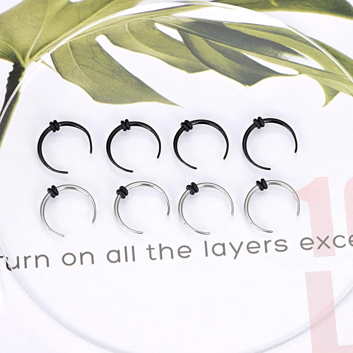 Qmcandy 8pcs 10G 12G 14G 16G 18G Stainless Steel Black Silver Pinchers Septum Piercing Horseshoes Nose Rings Buffalo Taper with Black O-Rings