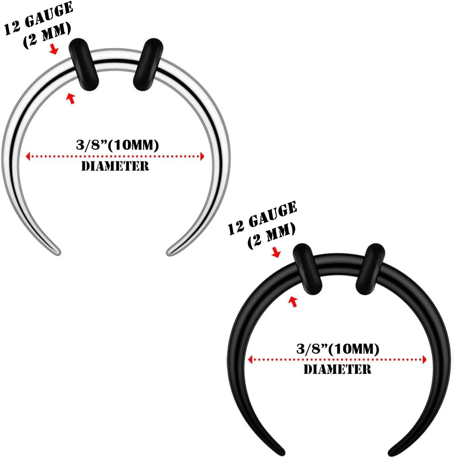 Qmcandy 8pcs 10G 12G 14G 16G 18G Stainless Steel Black Silver Pinchers Septum Piercing Horseshoes Nose Rings Buffalo Taper with Black O-Rings