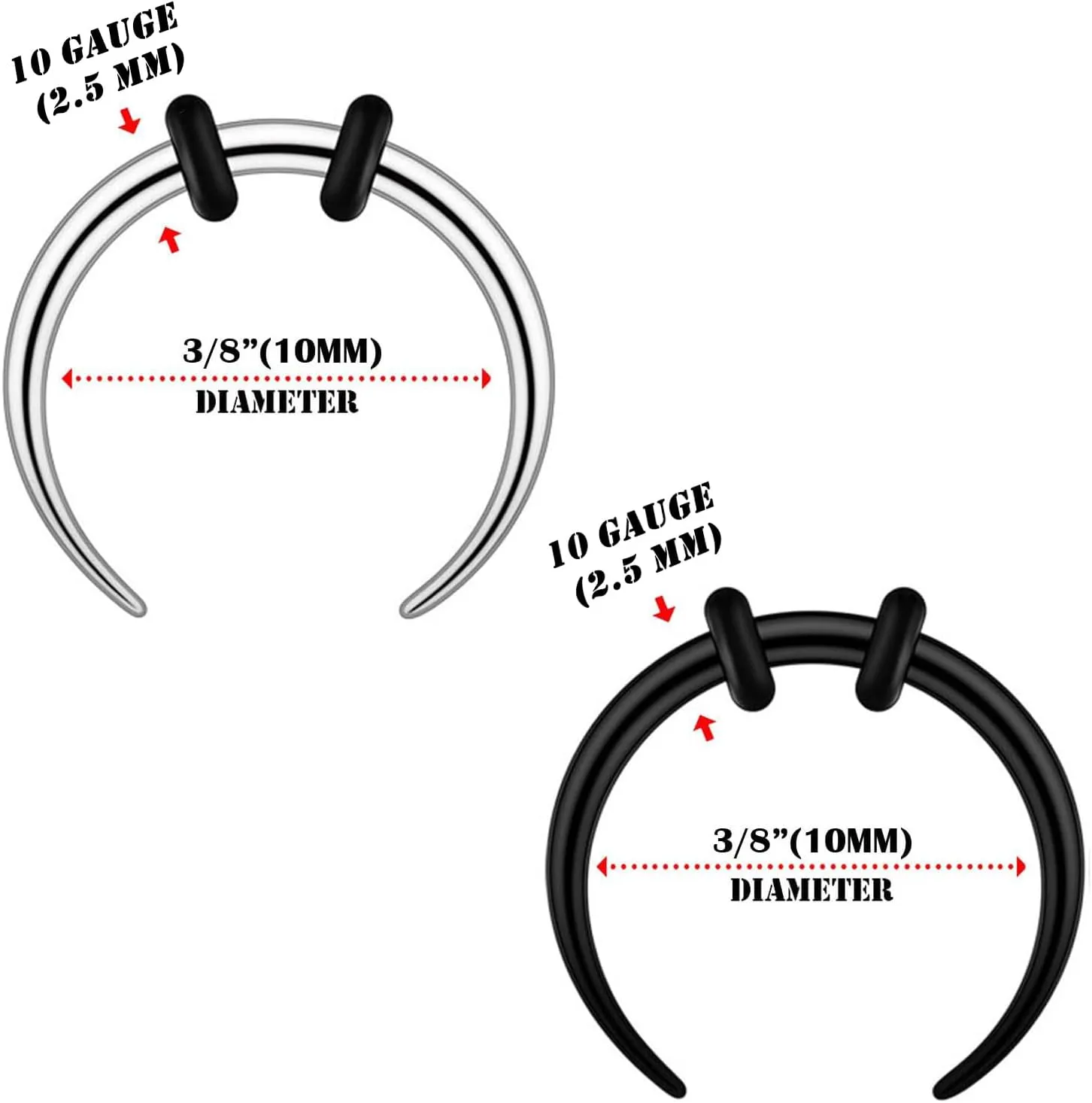 Qmcandy 8pcs 10G 12G 14G 16G 18G Stainless Steel Black Silver Pinchers Septum Piercing Horseshoes Nose Rings Buffalo Taper with Black O-Rings